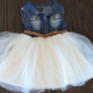 Denim and Tulle Dress with Braided Belt